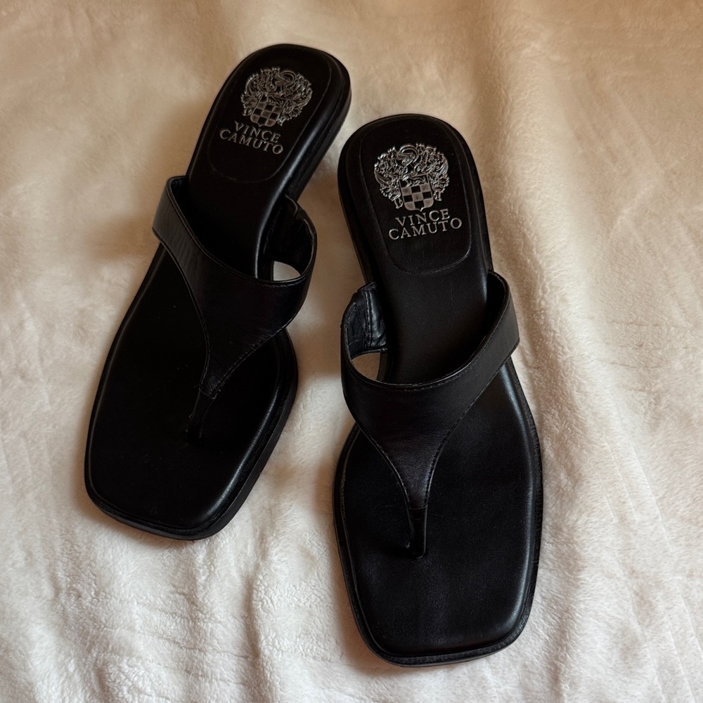 Vince Camuto Black Leather Thong Sandals with Square Toe